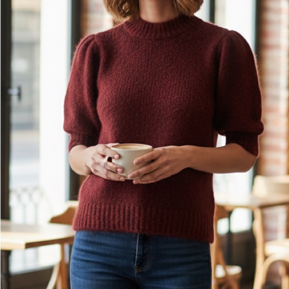 Vero Moda Burgundy Short Sleeve Puff Shoulder Knit Sweater - size small